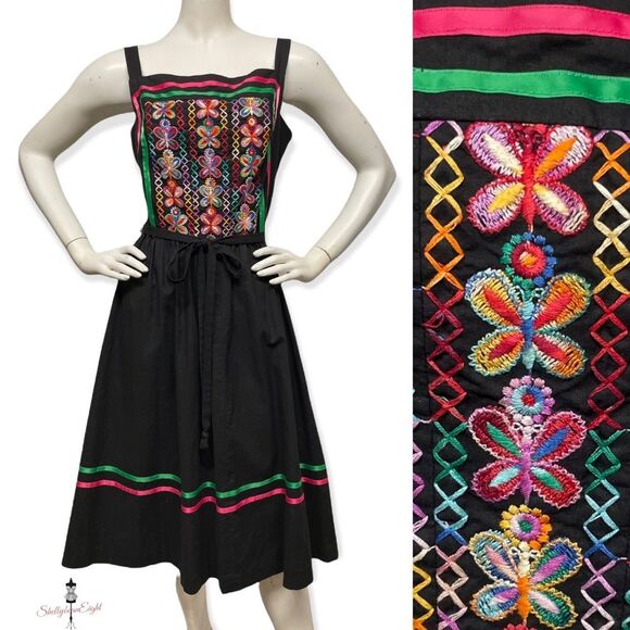 VINTAGE 70s 80s Embroidered BUTTERFLIES Folk Art Peasant Sun Dress Boho 8 10 M - Picture 1 of 16